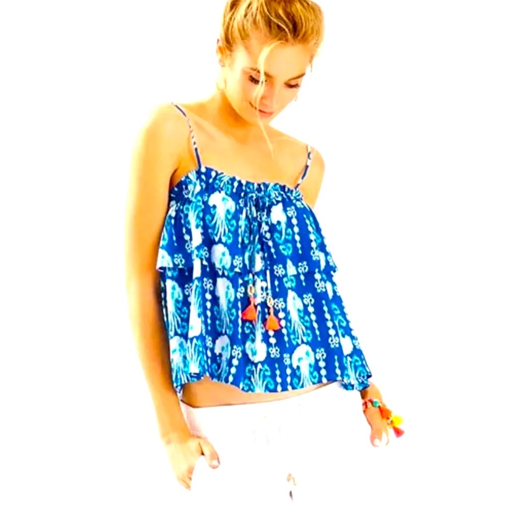 Lilly Pulitzer Blue Printed Tiered Camisole with Tassels